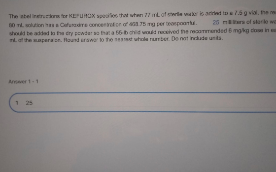 The label instructions for KEFUROX specifies that when 77 mL of sterile water is added to a 7.5 g vial, the re 80 mL solution