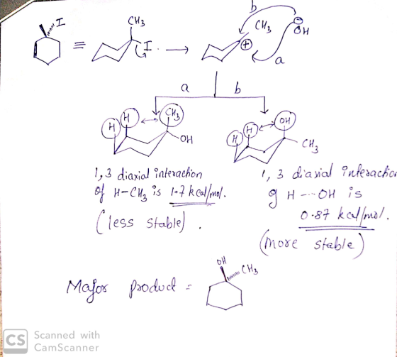 - Vamos 1,3 diaxial interachon of Hell is 107 kcal/mol. (less Stable). . Mejor product = 1, 3 diaxial interaction 9H --OH is