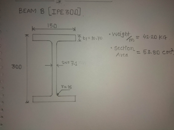 BEAM B (IPE 300). 150 1 I tf = 10.70 • Weight m = 42.20KG section = 53.80 cm² Area tw = 7. 1101 300