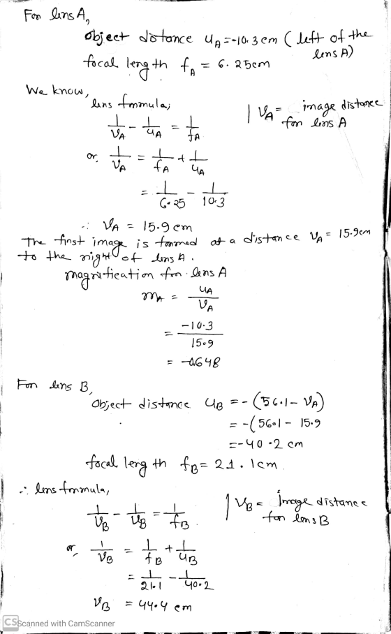 lens A) For lins A, object distance UA==10.3 cm (left of the focal length fA= 6.25em We know, lens formula; IVA image for len