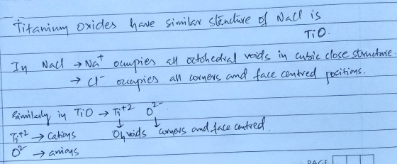 Titanium oxides have similar stencture of Nall is TiO. all octohedral voids in cubic close structure. all corners and face ce