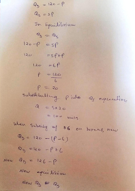 Q = 120-P Qs = sp In Equilibrium 120-P 120 120 - SP =spte - 6P - 120 P = 20 substituting pinto as equation 2 - 5x20 = 100 mit