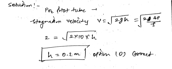 solution! For Pistot tube → stagnis on velocity varegn = 20 AP S 2 = r 2x10xh h = 0.2m option 100 correct