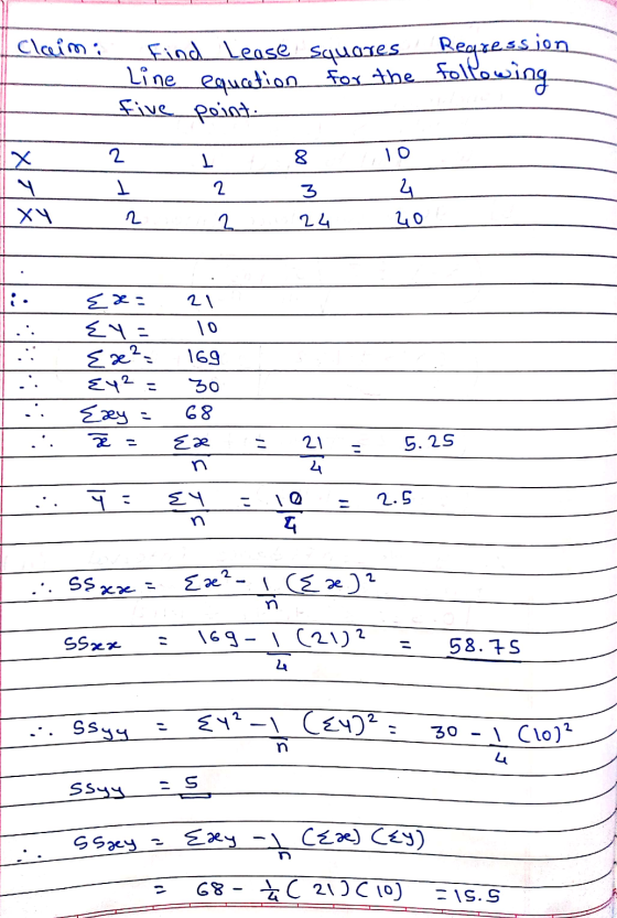 Claimi Regression Find Lease squares. Line equation for the following five point 2 I 8 10 1 2 3 4 20 XY 2 2 24 . Ex= <4= Exx?