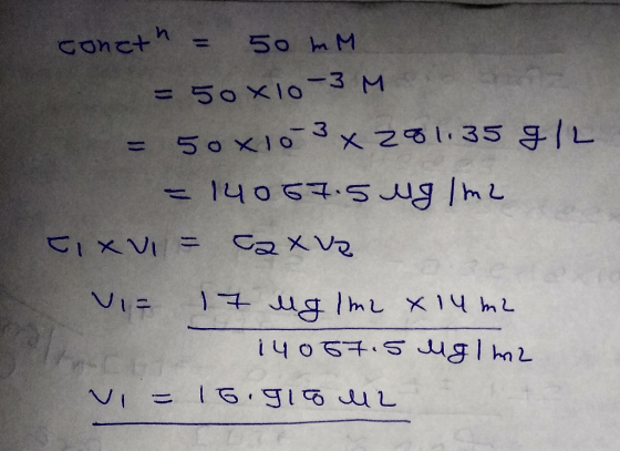 coneth = 50 mm = 50 xlo-3 M = 50X10-3 x 281.35 912 = 14067.5 ug/m2 Tixvi = axua VI 17 ug Ime x lume 14067.5 ugline V = 16.91