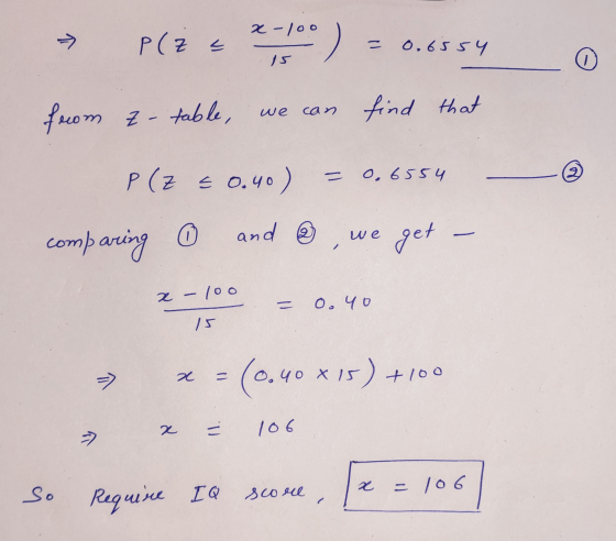 2-100 > P(Z < ) = 0.6554 15 0 we can from ze table, find that P(Z < 0.40) - 0.6554 and a we - comparing get 2 – 100 = O.yo 7