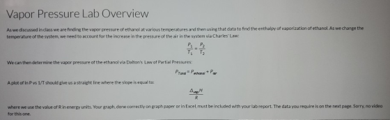 Vapor Pressure Lab Overview As we discussed in class we are finding the vapor pressure of ethanol at various temperatures and