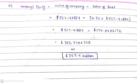 b) companys Equity a value of company Value of Debt $527.41884 po.33 x $527.41884) 2 $ 527.41884 $174.0482172 $ 353, 3706 22