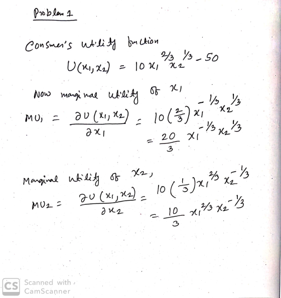 Problem a Consmens utility function U(x, x) = lox,4,5-50 мою мо-орі «4 г н о , . мо) = əv («у хә) . jo (3) * * , , . Әxi - 2