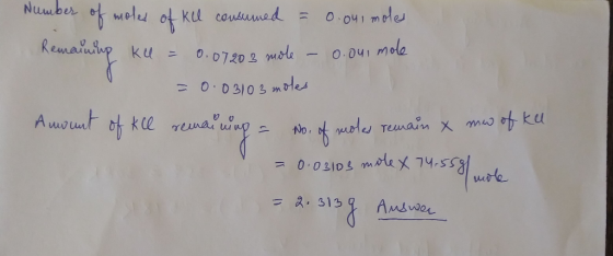 Nuwber Ku cousuued = 0.041 modes mole 0.07.20 2 O.041 Mola 0.03/03 mHes Awwut Of kl rena No = 0.0210s maleX 74.55 - 3.313 Aus