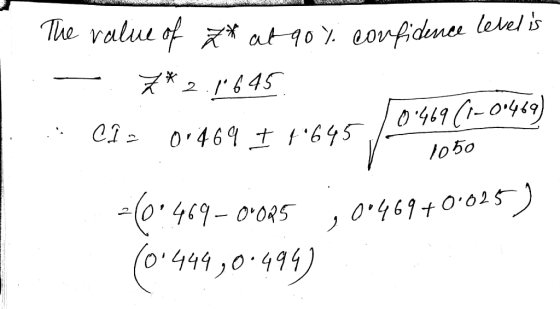The value of z* at90% confidence levelis -. 7* 2.1645 I. Cha 0:469 1 44645 v 1050 06:469-0°025 ; 00469+0025) (0:444,0-494) CI