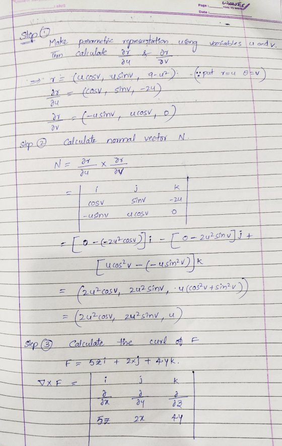 Page: WAVES TIME TO W A Date: Slepo Make parametric representation using variables is and v. Then calculate ar 24 av ar cu co