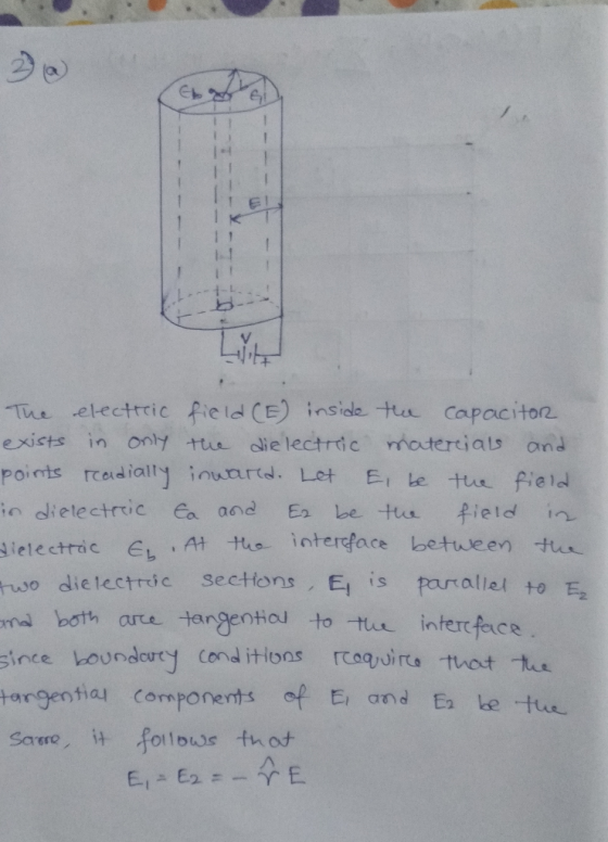 The electric field (E) inside the capacitor exists in only the dielectric materials and points readially inward. Let E be the