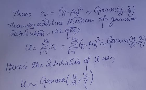 14 2 Thuis Xi = (Hi-flo? (Yi-Mo)? ~ Gamult 21 ) Then by additive liedzem of gamme austribuhon we qen U = x= -1) Grumman pence