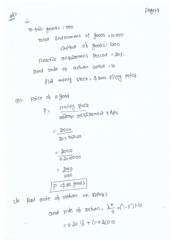 pagert 80 To tai goods =500 Total Endocoment of goods = toooo. captial of goods = looo Reserde requirement percent = 204. rea