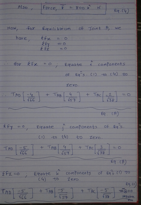 Also Force, F = 800k N. 1 Eq. (4) NOW for Equilibrium of Joint A, we - have , £Fx = 0 Fy zo Ź FZ . for ZFx = 0; Equate i comp