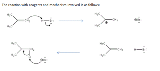 The reaction with reagents and mechanism involved is as follows: н.с H3C H-Br: CH3 Br: H3C H3C H3C H3C CH CH2 HBr: H3C