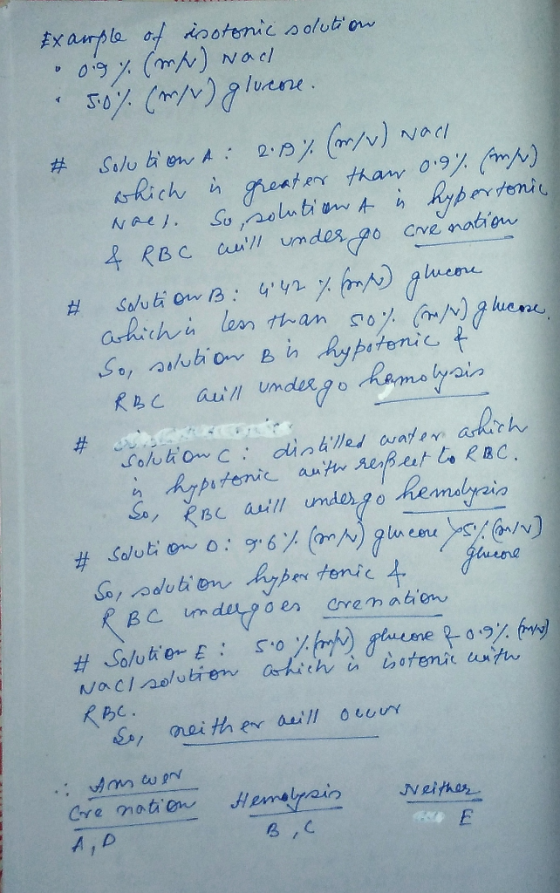 Exauple of isotonic solution o og 7. (mp) wao 5.0% (m/v) glucose. # Solutiont: 2.19% (w/v) wach which is greater than 0.9% (m