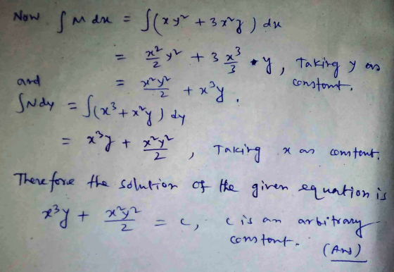 ya 쭐 + 3x کے Now su du = S(xy + 377 ) du Taking y as x + x²y. constant, Indy = S(x² +xy) dy x 71 Taking Therefore the solutio