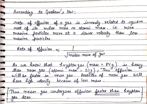 According to Grahams law; rate of effusion of a gas is inversly related to square reat of its molar mass or atermic mass. ie