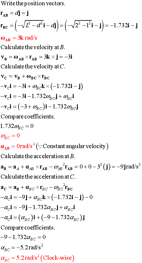 Write the position vectors AB --(-d- )- a)-(i-. /22 -121-i1= -1.732i -j Гвс ОАв — Зk rad/s Calculate the velocity at B Vв — о