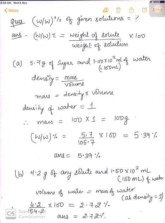 8:33 AM Wed 6 Nov 98%- Notes Done Qu w/w) giren sotuluons = wei ght of soute W/w) ans x loD weight 8olution and 1dox 10 mL4 w