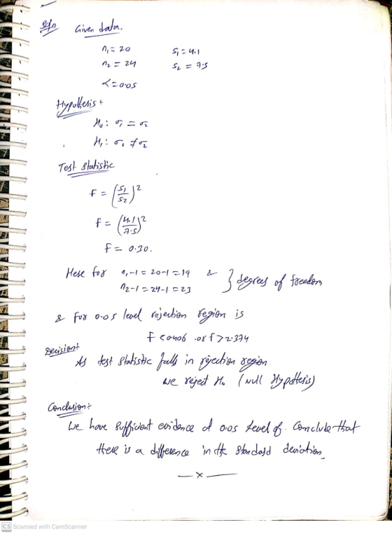 Solo Given data, 0,5 20 n2 = 24 S24.1 5. = 7.5 T=oos Hypokerist Ho o=0 His for Test statistic F- is, S2 3:5 F = 0.30. ! Hese