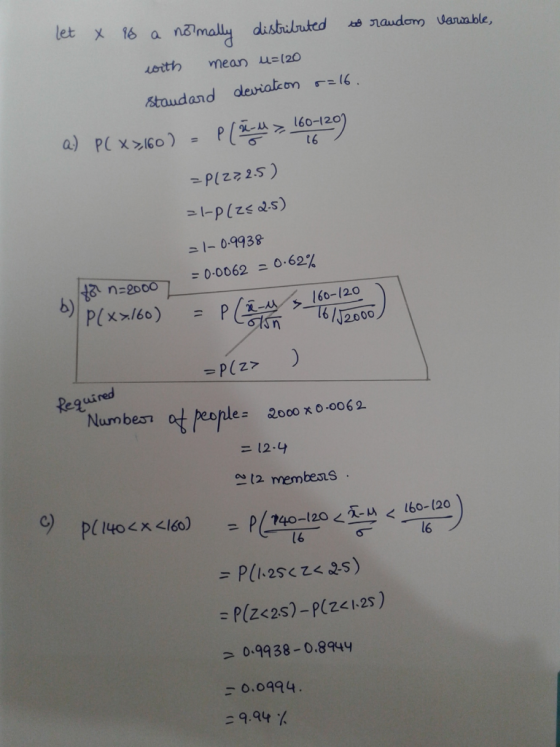 let X is a to raudom Variable, distributed normally cwith mean u=120 Standard deviation o=16. a.) P(x>160) Pleau > 160-120) 1