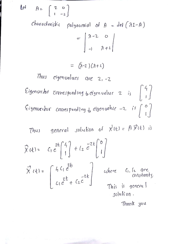 2 Charachenshe polynomial of A ㄷ del Cal-A) Thus eigenvalues qre 2, -2 Eigenvcch, corresponding bcigenudlur 2 is Thus genera