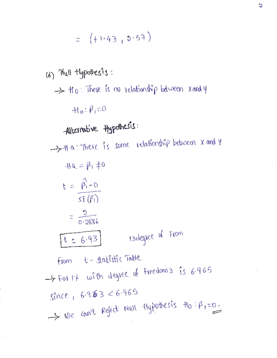 = (+1:43,2.52) (d) Null Hypothesis : > Ho: There is no relationship between X and y Ho : 8,50 Alternative Hypothesis: SHQ: Th