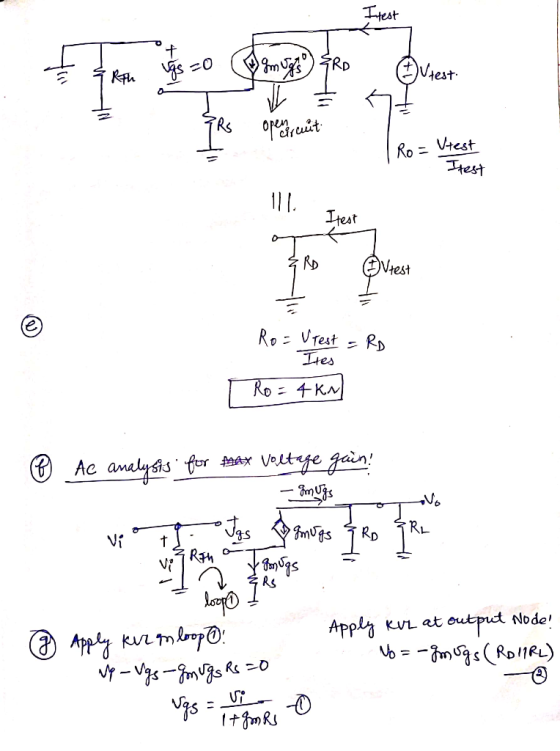 Rth ugs=0 w gm ogs) {RD - 5 h open iraut Iro - Veneto . Vtest Hee Atest Ro= Wrest = Rp Ites Ro = 4kal @ Ac analysis for max