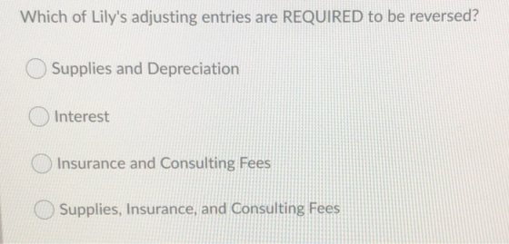 Which of Lilys adjusting entries are REQUIRED to be reversed? Supplies and Depreciation Interest Insurance and Consulting Fe
