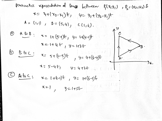 parametric representahom of lence between plX9,) , P = (22192) is x= 4+122-81), 4= 9, +(92-9,)t A = (1, 1) , cllit). B=(5,4))