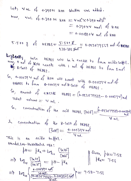 Let, NmL of 00390M KOH solution was added. Hoes, NmL of 0.390 M KOH = NmKX 0.39 0 mod it = 0.390 Xw Anmol of KOH = 0.00039 0