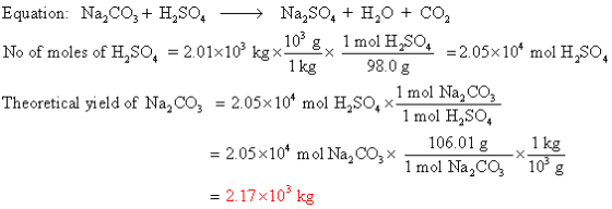 Equation: Na,C0, + H2SO4 →→ Na250. + H2O + CO2 10 g 1 mol H2SO4 =2.05x10* mol H,SO No of moles of H, SO, = 2.01x10 kg x 1 kg