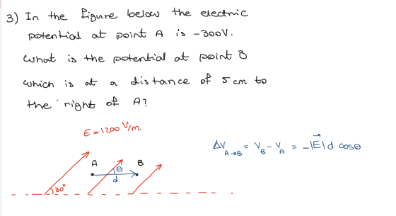 3) In the figure below the electric potential at point A is -zoov. What is the potential at point B which is at a distance of