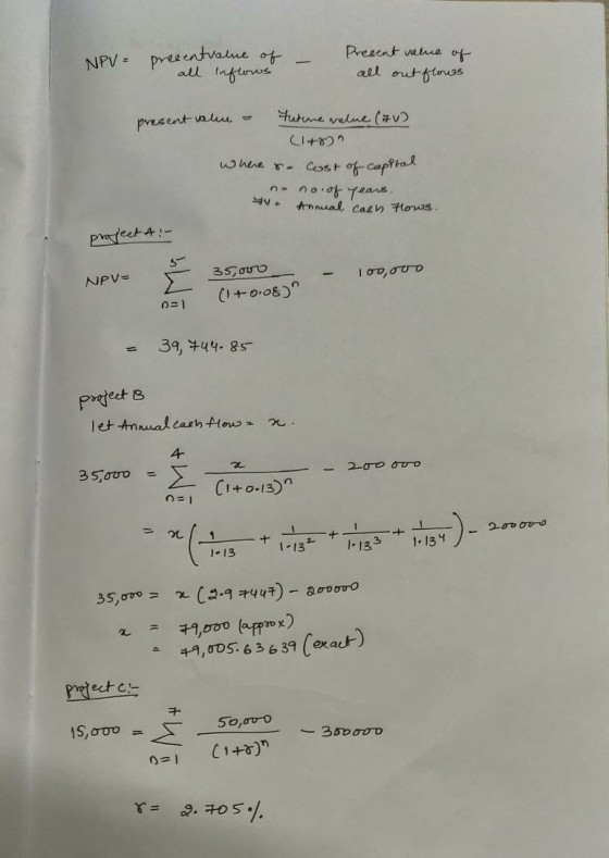 NPV = - presentvalue of all inflows Present value of all out flows present value tuture value (avo (1+ where - cost of capita