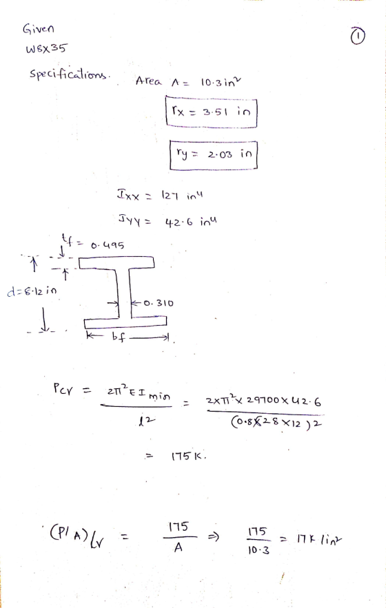 Given WsX35 Specifications Area A= 10.3 in rx = 3.51 in ry= 2.03 in Ixx = 127 inu Tyy= 42.6 inu t 0.495 ما . d=8.12 in 0 310
