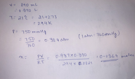 V = 90 ml = 0.890 T-21° 21+273 = 294K P= 750 mmilg (latm=76 Ostently) - 750 = 0.987am 760 ma - en - boven de 10-0364 make = 0