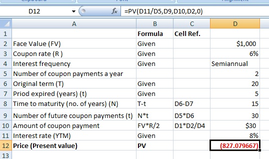 fiPV(D11/D5,D9, D10, D2,0) D12 A C Formula Cell Ref. 2 Face Value (FV) $1,000 Given 3 Coupon rate (R) 6% Given 4 Interest fre