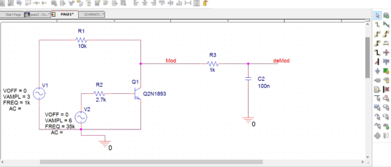 Start Pageques2-C.PAGE1 SCHEMATI.. R1 10k R3 deMod 4누 Mod 1k C2 100n Q1 V1 R2 VOFF-0 Q2N1893 VAMPL 3 FREQ = 1k 6 2.7k AC= VOF