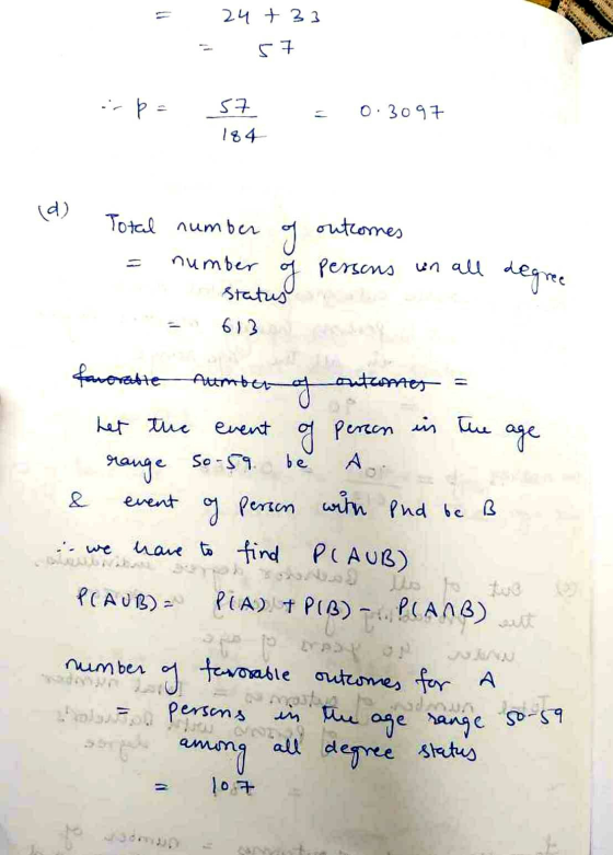 24 +33 57 . 57 0.3097 184 d) Total number outcomes g persons un all degree number Status 613 favorable number of outumes = of