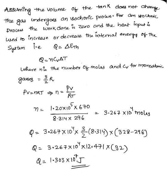 Assuming the volume o the tanK does not gas undergoes an wochontc Prous. f»r an v0 prous the twork done i* Zaro cund the heat