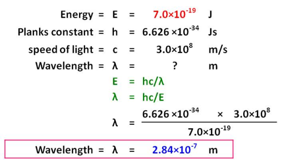 Energy = E = 7.0x10-19 J Planks constant = h = 6.626 x10-34 Js speed of light = c = 3.0x108 m/s Wavelength = 1 = ? m E = hc/