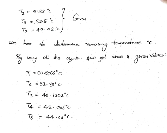 2 T2 = 51.82 % Ts = 62.5c. ven Tz = 47.42) we have to determine remaining temperatures ac By using all the equation qwe get a