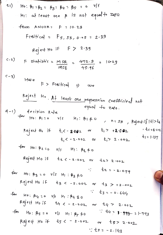 Ho: Ⓡ1 R2 = 3By Bs : 0 VIS Hi: at least one ß is not equal to zesa from ANOVA F: 10.29. Freitical = F5, 83, 0.09 = 239 Reject