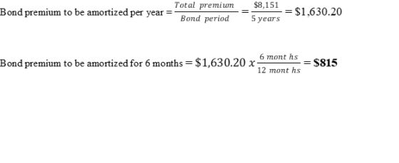 Total premium Bond premium to be amortized per year =- Bond period $8,151 -= $1,630.20 5 years 6 months Bond premium to be am