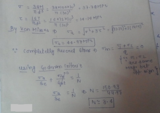 T = 39M - 3ax100x100 - 37.79 MPO TIDST (30) = 16T = 16*75 X 103 = 14. 14 MPa id T (30) By von Misses + 102+372 - 07-12)+3149