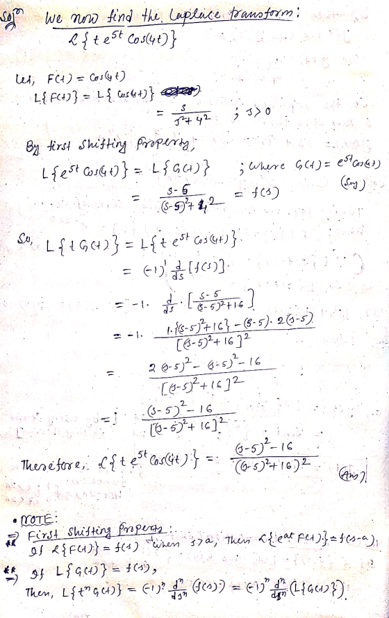Logo we nowo find the. Laplace transform: &{test Cos4t)} (Sony) et F(1) = Coslyt) L{FC)} = L { Cost+)} oz) p. 492 ; 330 By fi