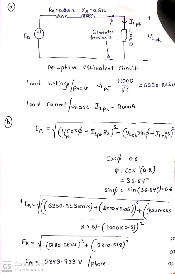 Ph ehetator terminals E, per-phase equivalent circuit }1000 6350.853 V load cument/Phase TlPh-2000A 36.87。 05358-453 4o-3) 51
